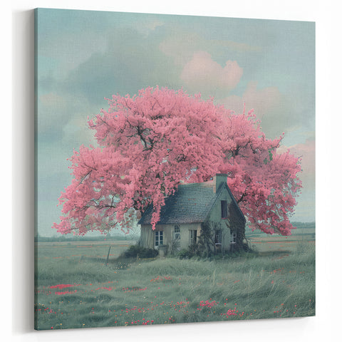 Rustic Cottage Canvas Print with Blossoming Tree – Charming Wall Art