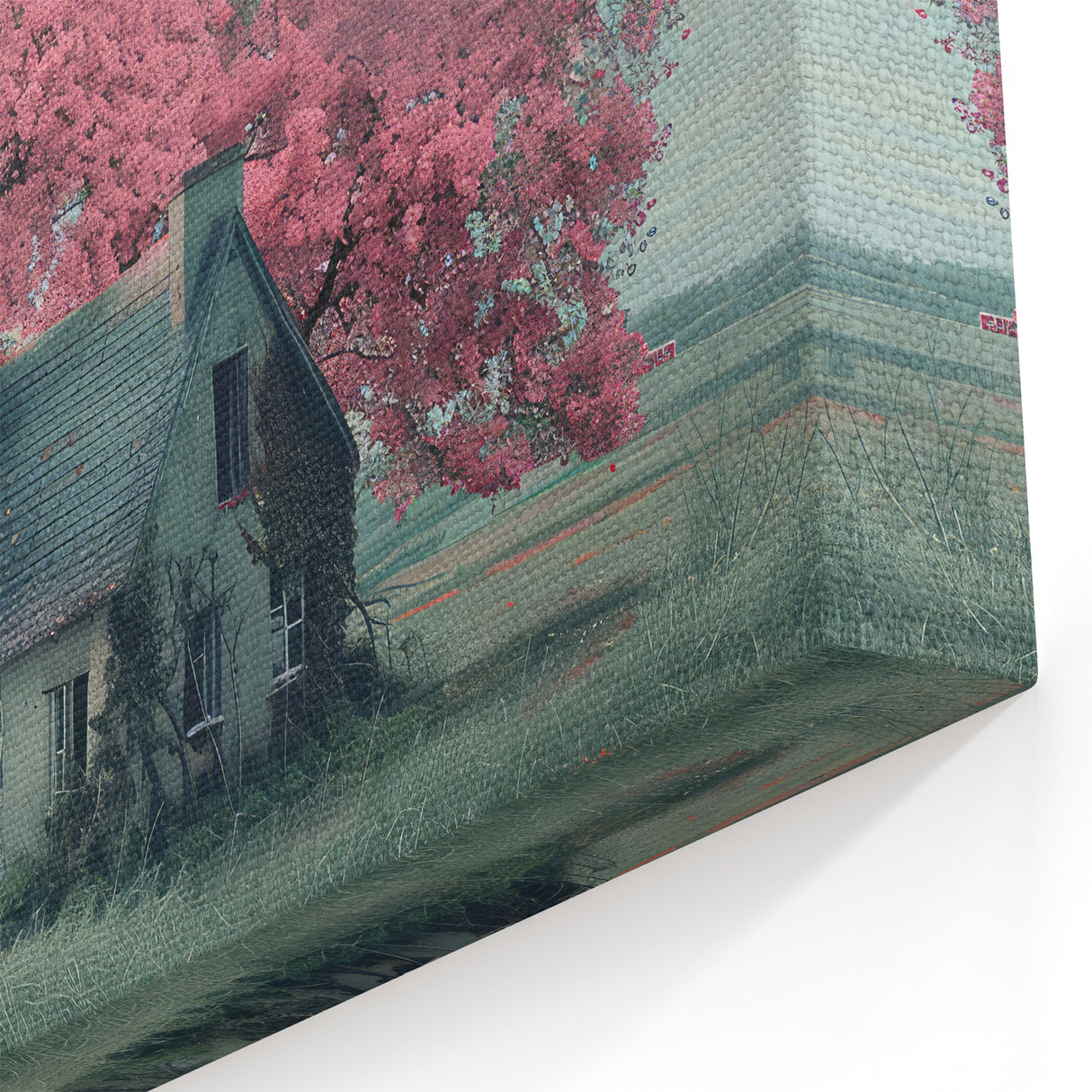 Rustic Cottage Canvas Print with Blossoming Tree – Charming Wall Art