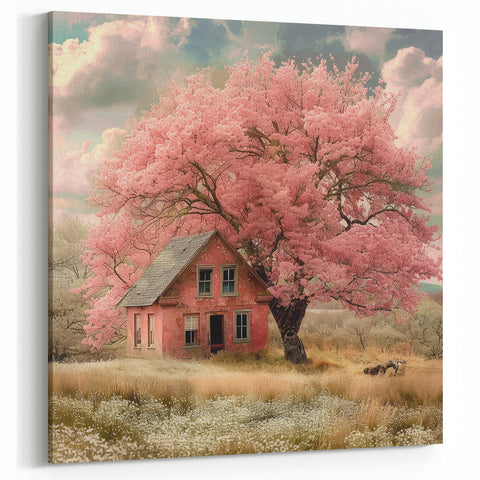 Countryside Cottage Wall Art with Pink Tree – Rustic Canvas Print