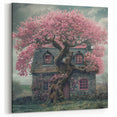 Enchanted Cottage Wall Art with Pink Blossoms – Rustic Canvas Print