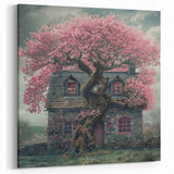 Enchanted Cottage Wall Art with Pink Blossoms – Rustic Canvas Print