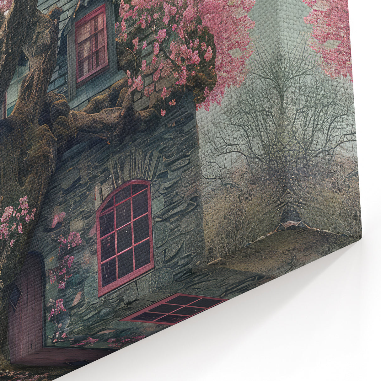 Enchanted Cottage Wall Art with Pink Blossoms – Rustic Canvas Print