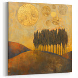 Modern Landscape Abstract - Celestial Sun and Trees Golden Wall Art