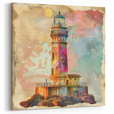 Colorful Seaside Lighthouse Canvas - Modern Nautical Wall Art Print