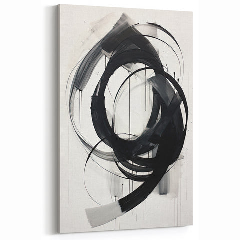 Dynamic Abstract Circles – Minimalist Black with White Canvas Art