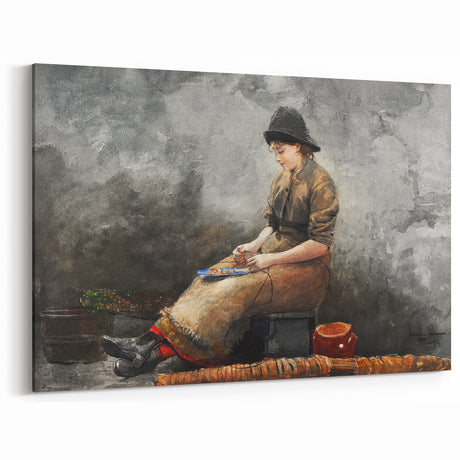 A Fishergirl Baiting Lines Realism Art Print - Winslow Homer Coastal Scene
