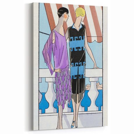 Chic Art Deco Wall Art - Two Fashionable Women in 1920s Balcony Scene