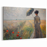Serene Field Scene Art - Woman with Umbrella in Poppy Field Landscape