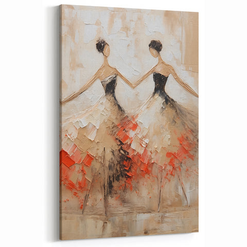 Elegant Ballerina Duo Art - Abstract Dancers in Beige and Coral Tones