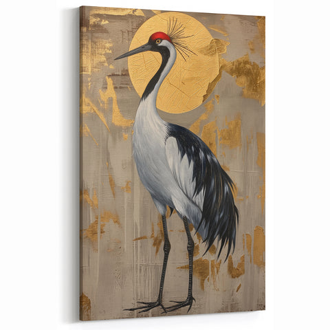 Elegant Crane Art - Abstract Bird with Golden Accents and Halo