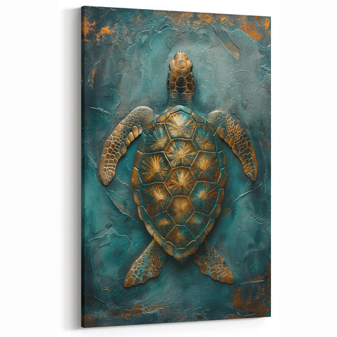 Majestic Sea Turtle Art - Textured Abstract in Teal and Bronze Tones