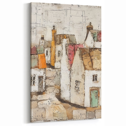 Charming Village Abstract Art – Rustic Cottage Architecture Canvas Print