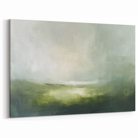 Soft Green Landscape Abstract - Misty Horizon Canvas Wall Art