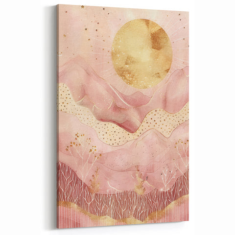 Golden Sun and Pink Landscape - Dreamy Abstract Canvas Wall Art