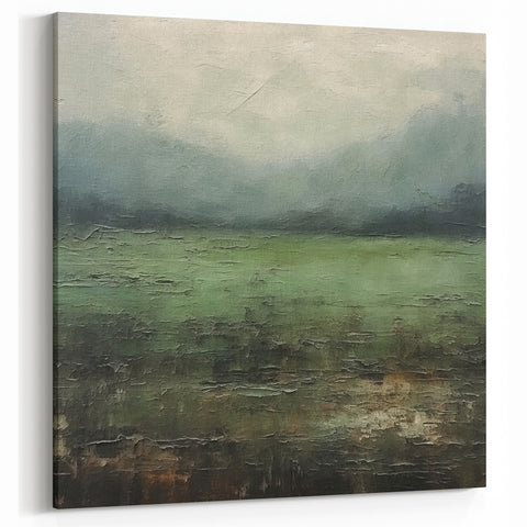 Moody Green Landscape - Textured Misty Field Abstract Canvas Art