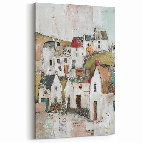 Rustic Village Abstract Art - Collage Style Countryside Canvas Print
