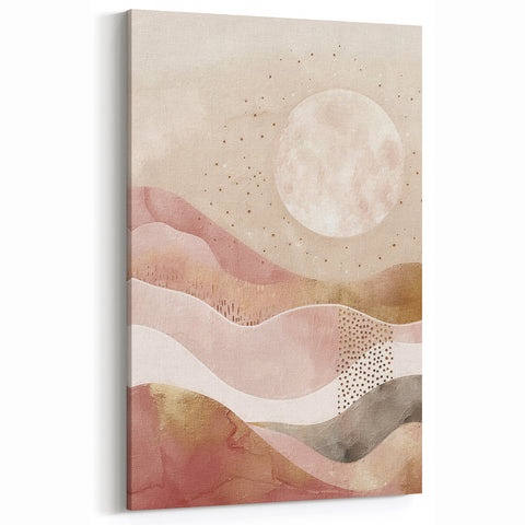 Abstract Celestial Landscape - Soft Pink & Beige Moonlit Canvas Art