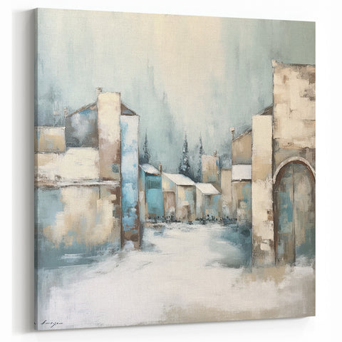 Winter Village Architecture Art - Abstract Snowy Canvas Wall Decor