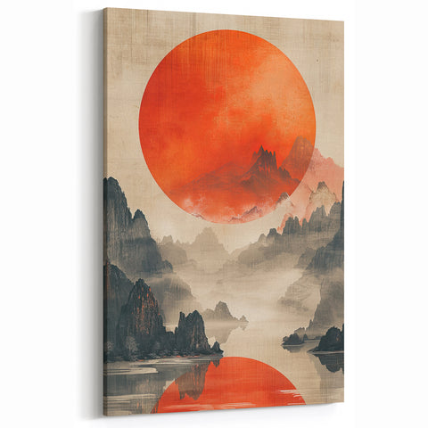 Minimalist Mountain Landscape Art with Red Sun - Modern Abstract Decor