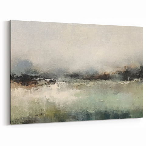 Misty Waters Landscape Abstract Art – Tranquil Green & Gray Canvas