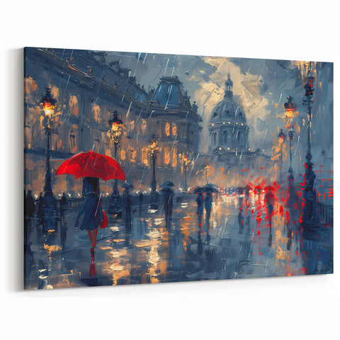 Abstract Cityscape Canvas - Rainy Night with Red Umbrella Wall Art