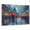 Modern Landscape Abstract - Red Umbrellas in Rainy Cityscape Canvas Art