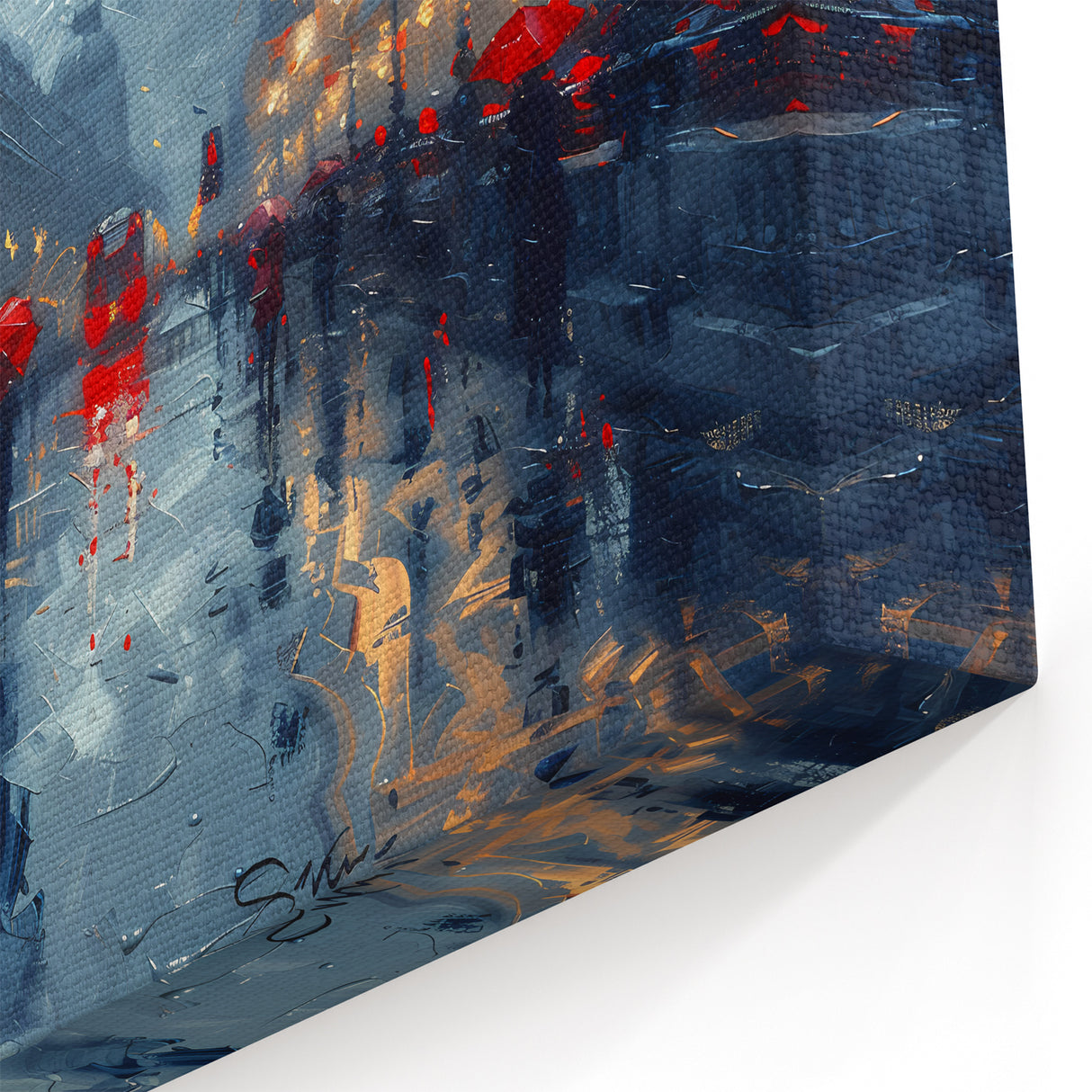 Modern Landscape Abstract - Red Umbrellas in Rainy Cityscape Canvas Art