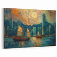 Colorful Cityscape Canvas - Sailboats on Coastal Skyline Abstract Art