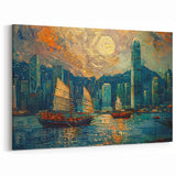 Colorful Cityscape Canvas - Sailboats on Coastal Skyline Abstract Art