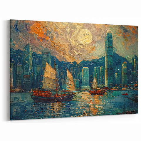 Colorful Cityscape Canvas - Sailboats on Coastal Skyline Abstract Art