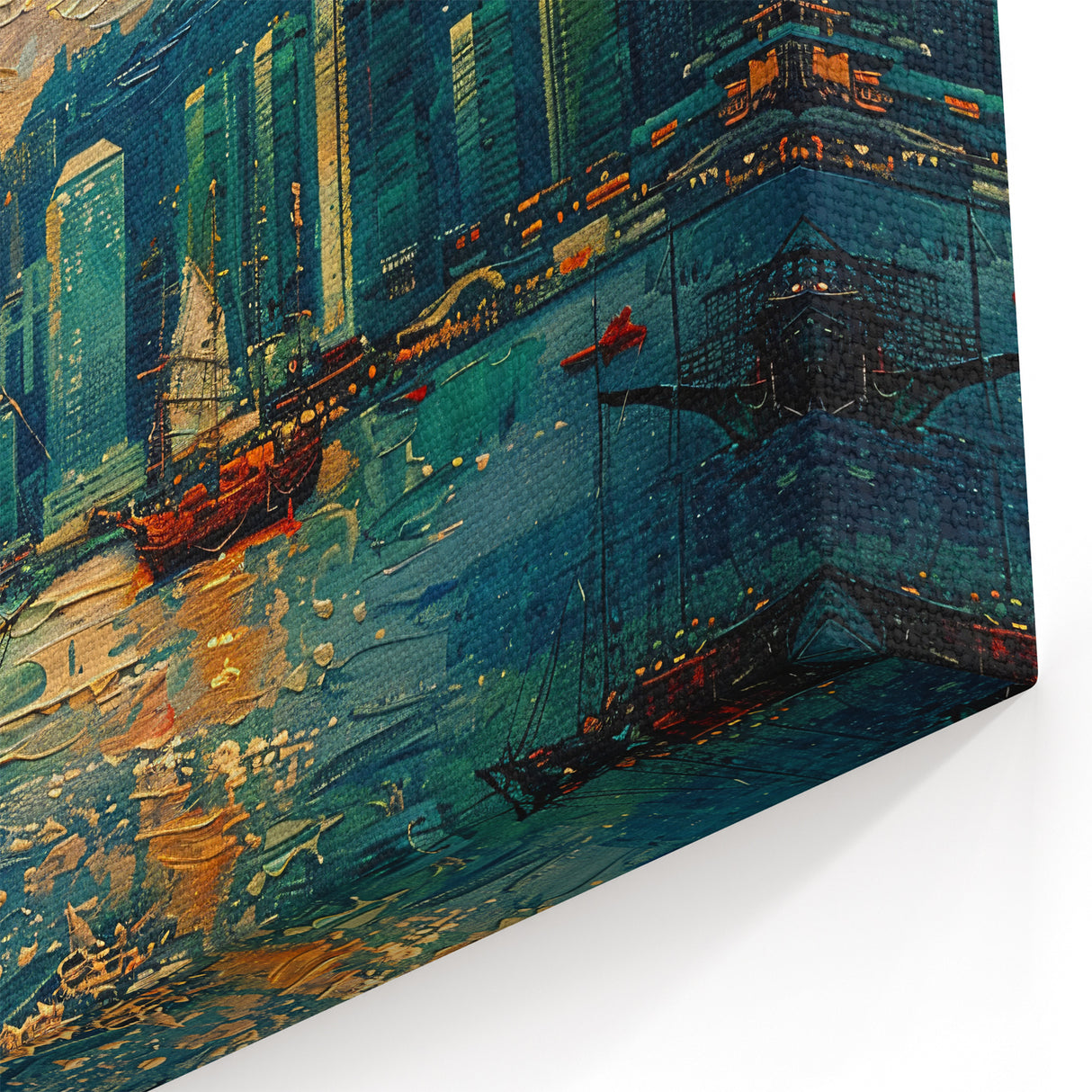 Colorful Cityscape Canvas - Sailboats on Coastal Skyline Abstract Art