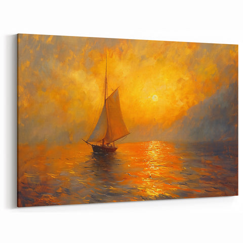 Sunset Glow Abstract - Sailboat on Fiery Sea Canvas Wall Art