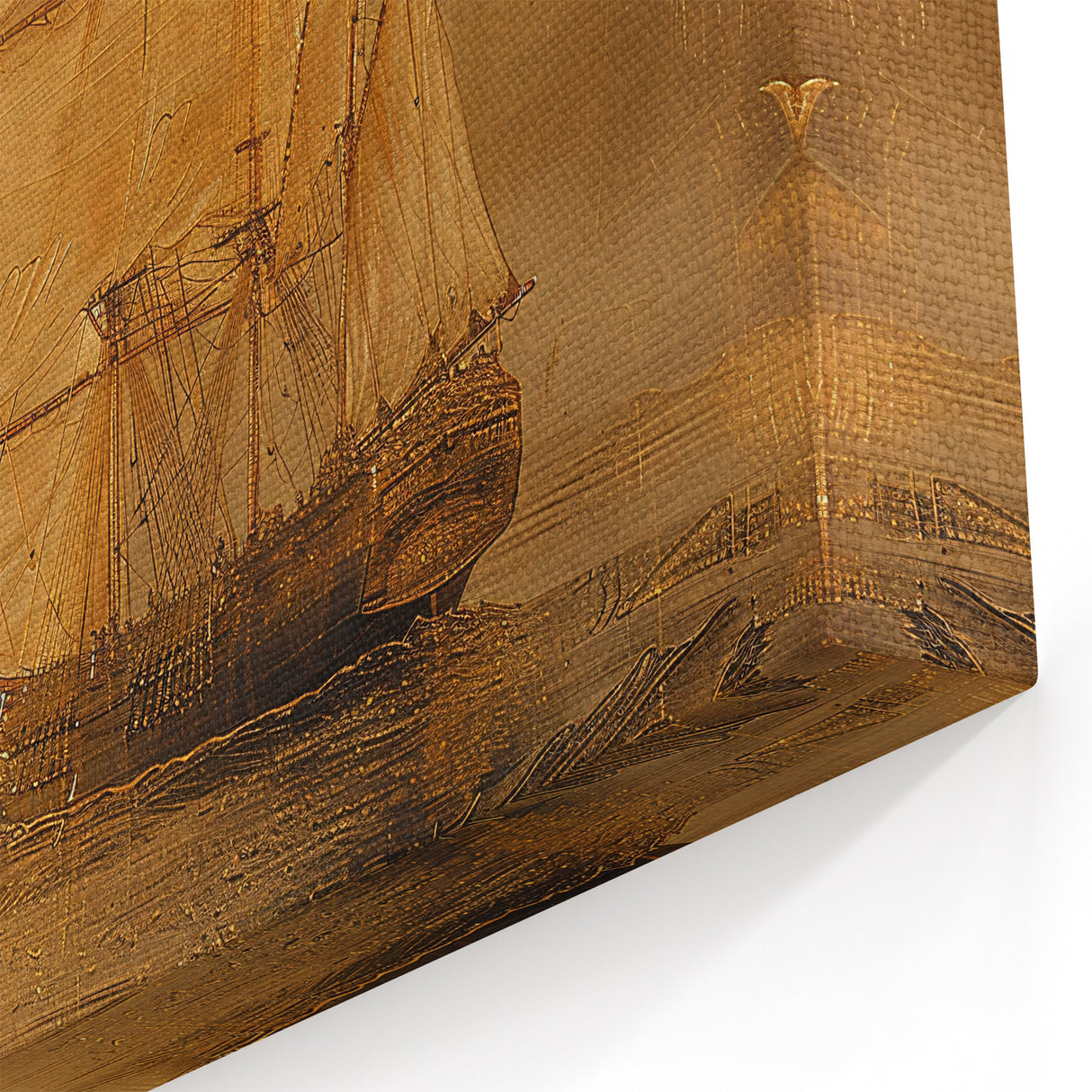 Classic Nautical Canvas - Golden Ship on Textured Sea Vintage Wall Art