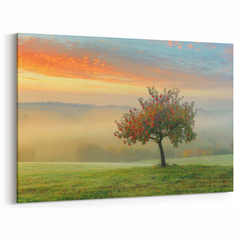 Peaceful Landscape Canvas - Apple Tree in Misty Sunrise Wall Art