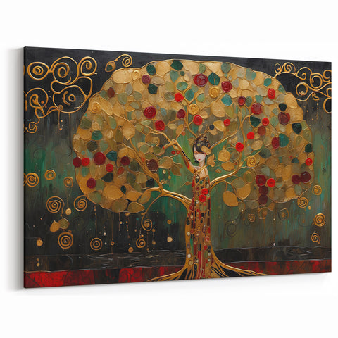 Elegant Tree of Life Abstract Art - Gold and Green Ornate Canvas Print