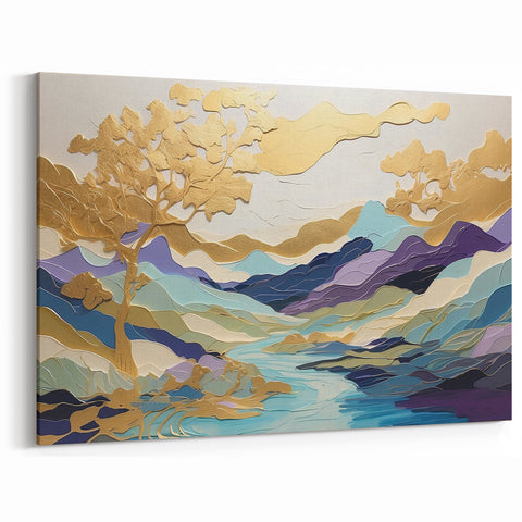 Gold Mountain Landscape Abstract Art - Elegant River Scene Canvas Print