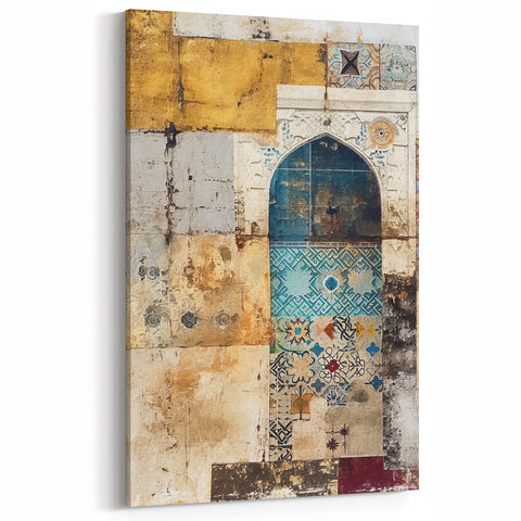 Vintage Mosaic Abstract Architecture Canvas - Beige and Teal Wall Art