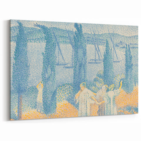 Serene Lakeside Promenade - Modern Wall Art with Pointillist Style