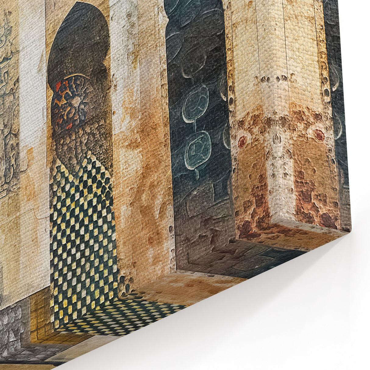 Golden Minaret Abstract Architecture Canvas - Beige and Blue Wall Art