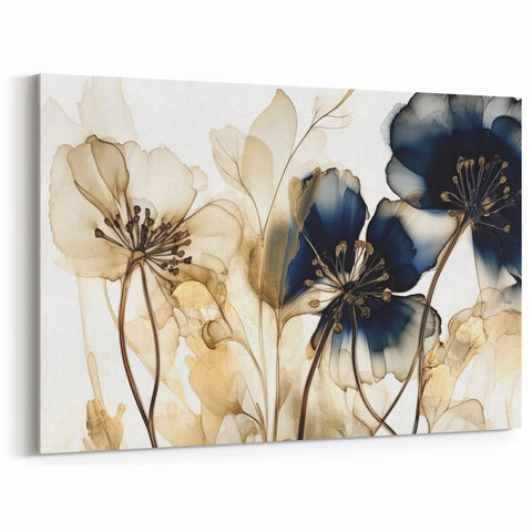 Modern Floral Abstract - Blue and Beige Flower Canvas Art Print