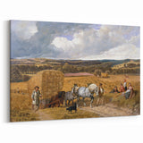 Realism Art Print of a Scenic Harvest Scene with Horses and Farmers