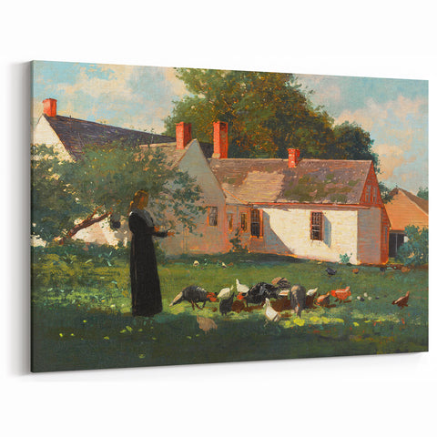 Realism Art Prints - Farmyard Scene with Woman Feeding Birds on Canvas