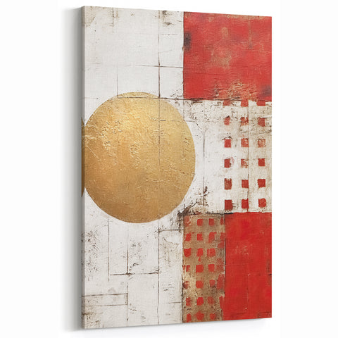 Elegant Rose Abstract Strokes Art – Red, Gold, and White Geometric Print