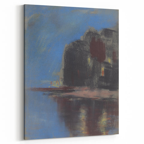 Modern Wall Art - Atmospheric Blue Lake under Black Rock for Tranquil Decor