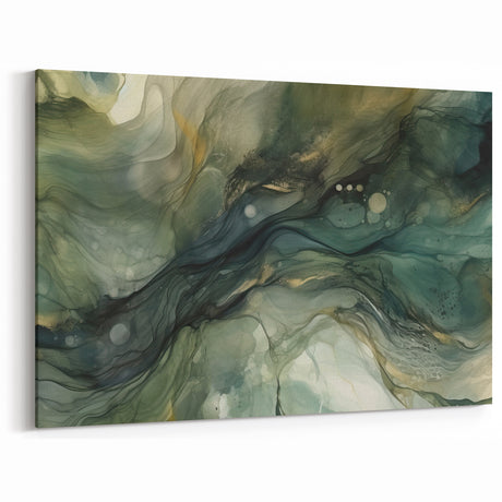 Fluid Green Abstract Art - Deep Forest Tones with Gold Accents Print