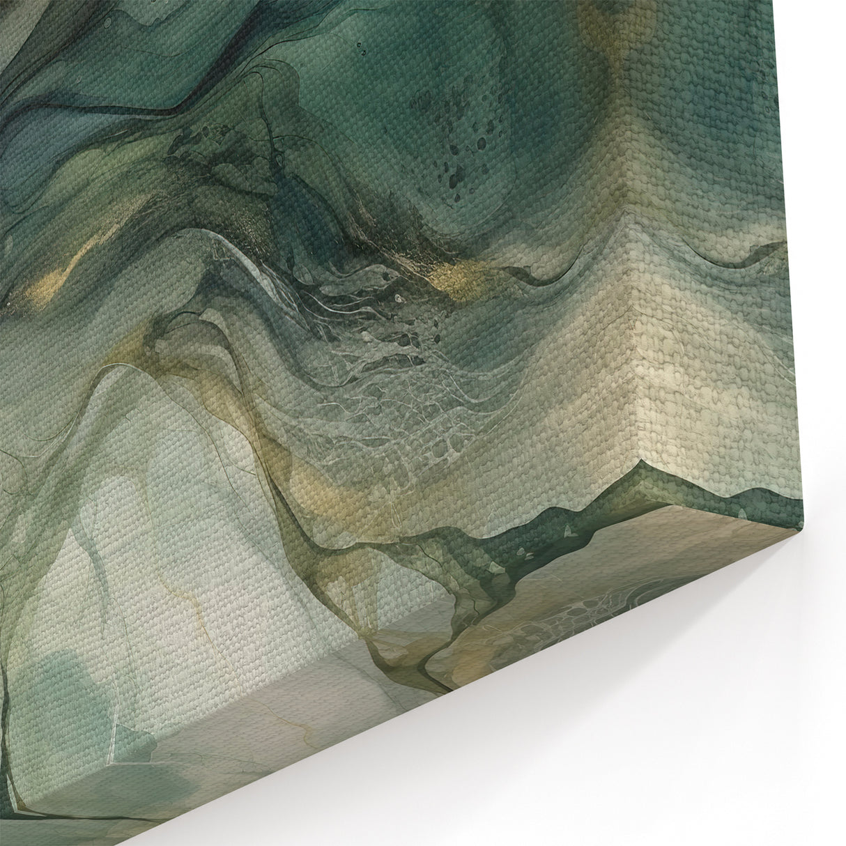 Fluid Green Abstract Art - Deep Forest Tones with Gold Accents Print