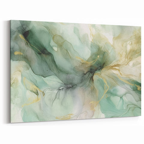 Fluid Green and Gold Abstract Art - Teal and Emerald Flowing Canvas