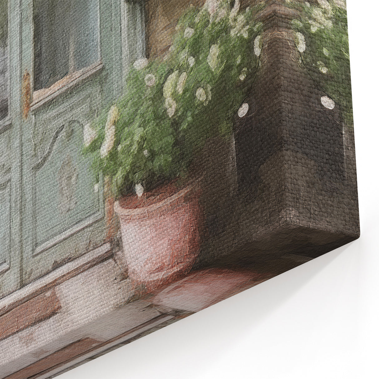 Vintage Green French Door Canvas - Parisian Floral Wall Art Print