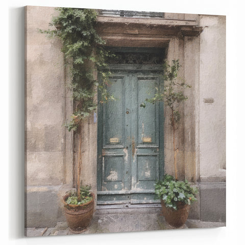 Rustic Green French Door Canvas - Vintage European Doorway Art
