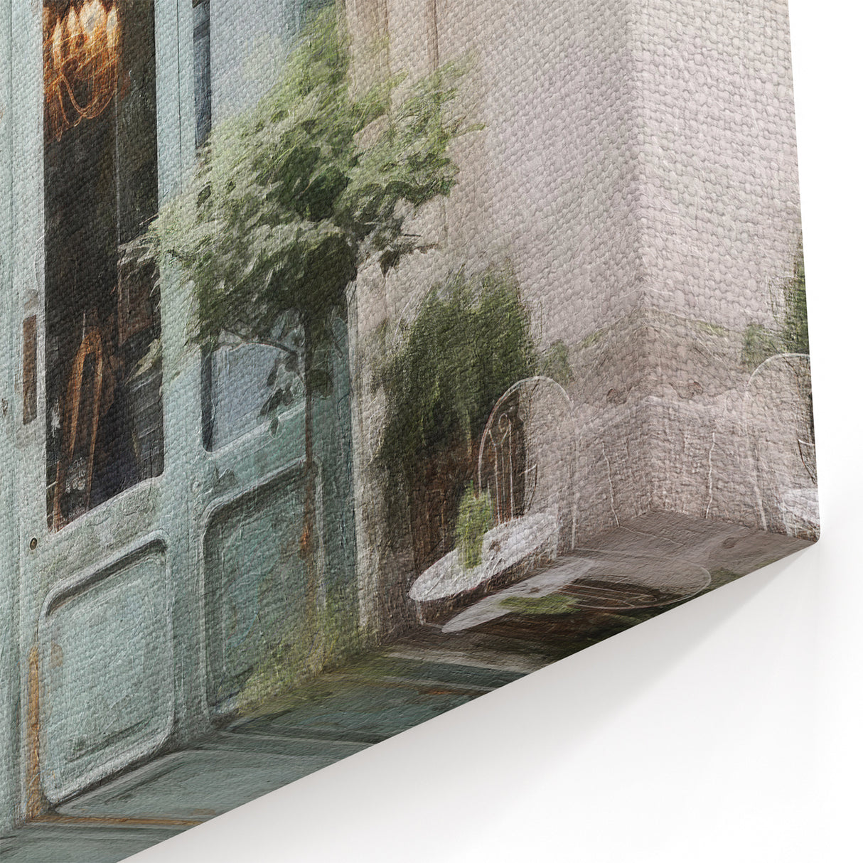 Elegant Blue French Door Canvas - Vintage Parisian Courtyard Art